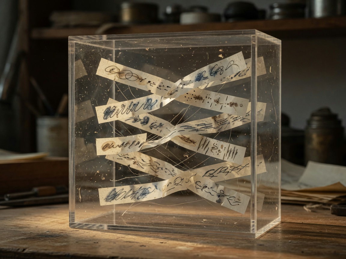 Sealed paper dialog strips inside a clear cube.