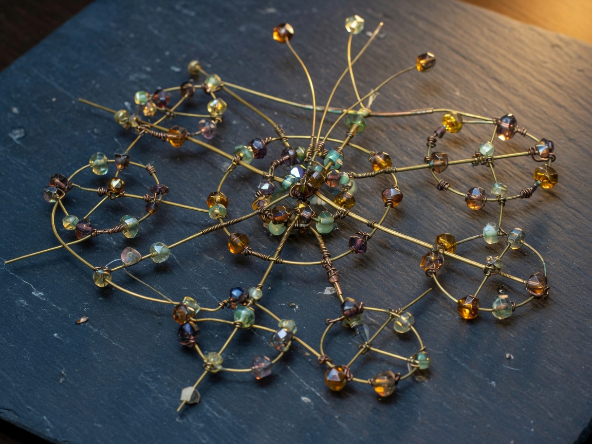 Brass wire network sculpture on slate.