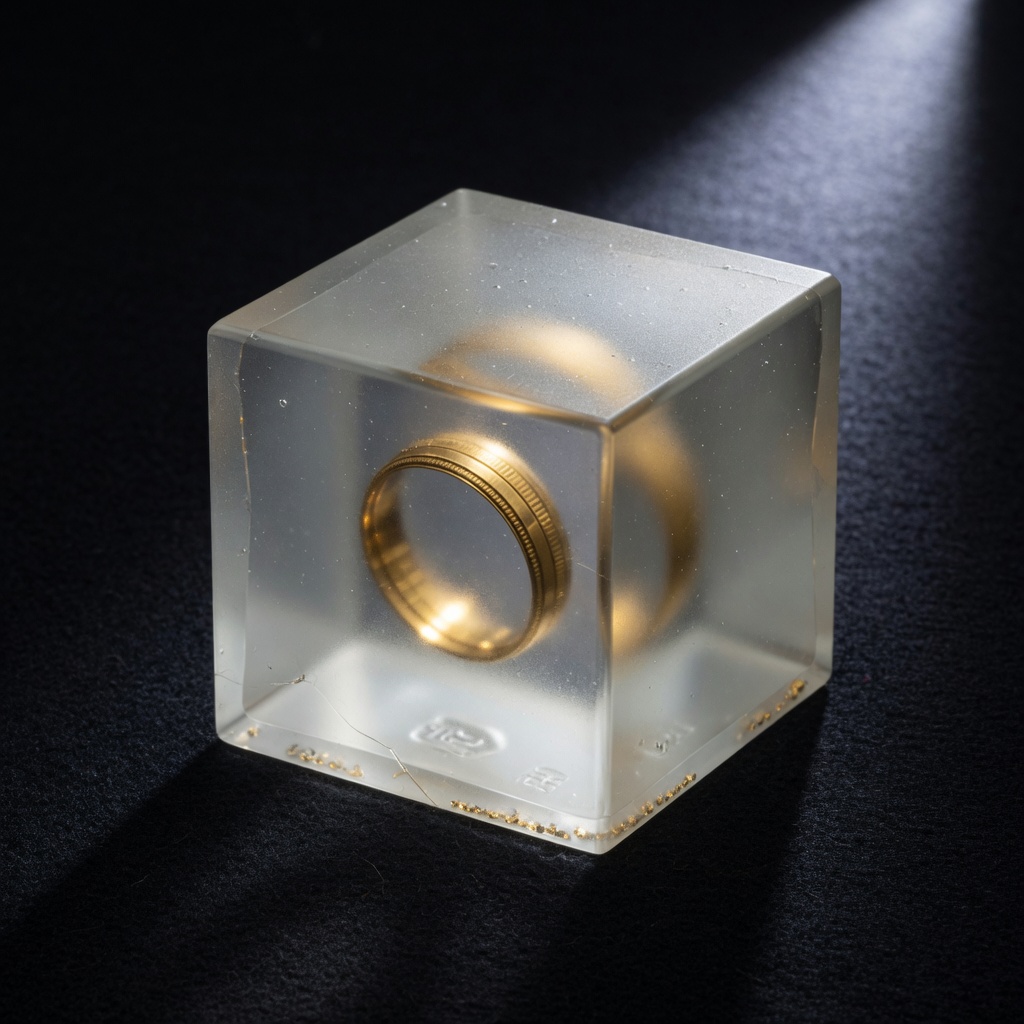 A frosted cube containing a gold seal ring.